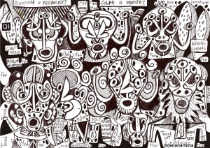 "COLPA O MERITO?" - (b)ananartista orgasmo SBUFF - mixed media on paper - http://www.bananartista.com