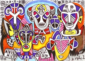 "SEVEN SAMURAI 七人の侍" (dedicated to Akira Kurosawa) - (b)ananartista orgasmo SBUFF - mixed media on paper - http://www.bananartista.com