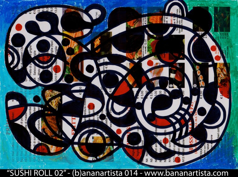 kasei sushi roll 02; - disegno astratto di  (b)ananartista 2014 sul volantino del ristorante giapponese KASEI in viale fulvio testi 74 a Milano  - www.bananartista.com