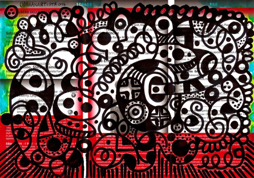 Sangue e detriti - dipinto di (b)ananartista su volantino de l'albero della poesia e della filosofia dedicato al capolavoro poetico di Rainer Maria Rilke, le Elegie Duinesi - www.bananartista.com