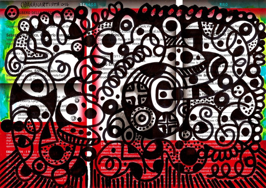 Sangue e detriti - dipinto di (b)ananartista su volantino de l'albero della poesia e della filosofia dedicato al capolavoro poetico di Rainer Maria Rilke, le Elegie Duinesi - www.bananartista.com