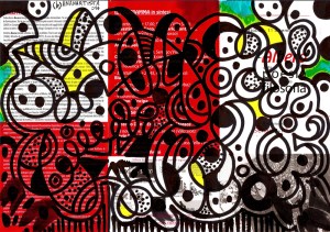 Sangue e detriti - dipinto di (b)ananartista su volantino de l'albero della poesia e della filosofia dedicato al capolavoro poetico di Rainer Maria Rilke, le Elegie Duinesi - www.bananartista.com