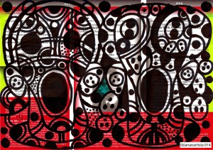 Sangue e detriti - dipinto di (b)ananartista su volantino de l'albero della poesia e della filosofia dedicato al capolavoro poetico di Rainer Maria Rilke, le Elegie Duinesi - www.bananartista.com