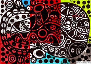 Sangue e detriti - dipinto di (b)ananartista su volantino de l'albero della poesia e della filosofia dedicato al capolavoro poetico di Rainer Maria Rilke, le Elegie Duinesi - www.bananartista.com