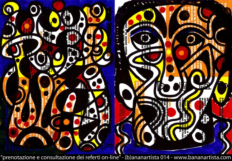 tecnica mista su volantino ASL regione lombardia per la consultazione dei referti on-line del pittore e performer (b)ananartista sbuff