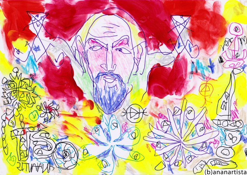  PORTRAIT OF ANTON LAVEY THE EVILEST MAN IN THE WORLD  drawing painting and outsider abstract contemporary artwork by (b)ananartista sbuff © 2015 all rights reserved