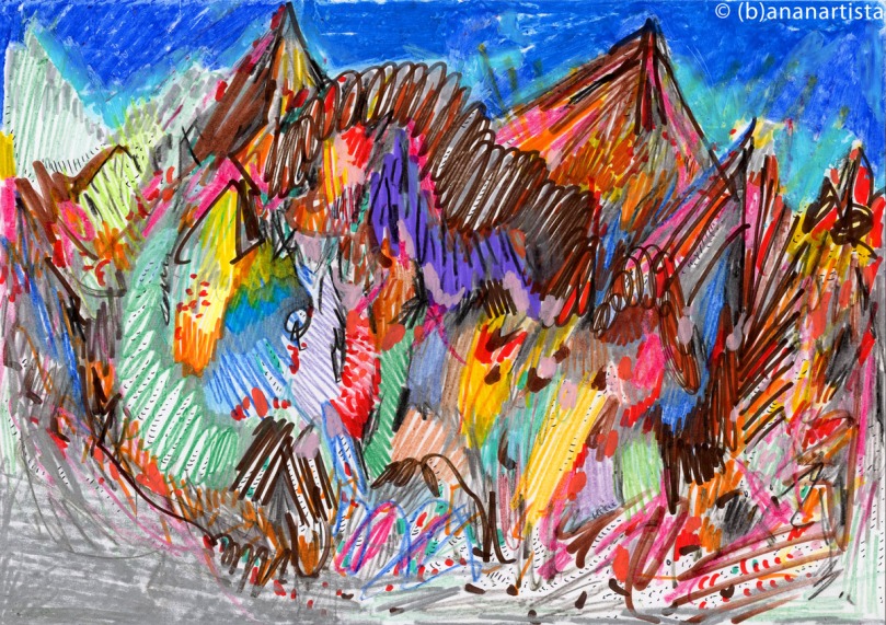 A PANORAMIC VIEW OF MONT BLANC mixed media painting collage by (b)ananartista sbuff © 2015 all rights reserved