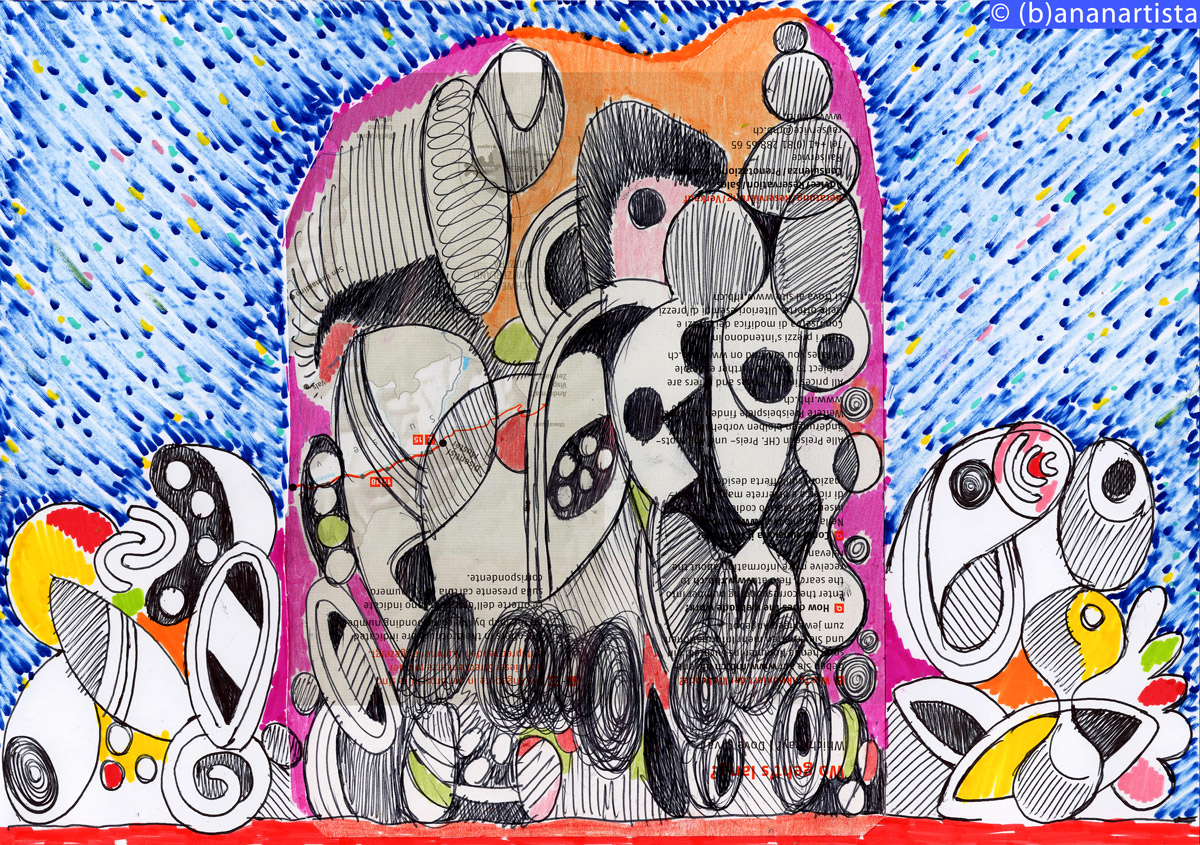 FALLING STARS RAIN IN ENGADIN mixed media painting collage by (b)ananartista sbuff © 2015 all rights reserved