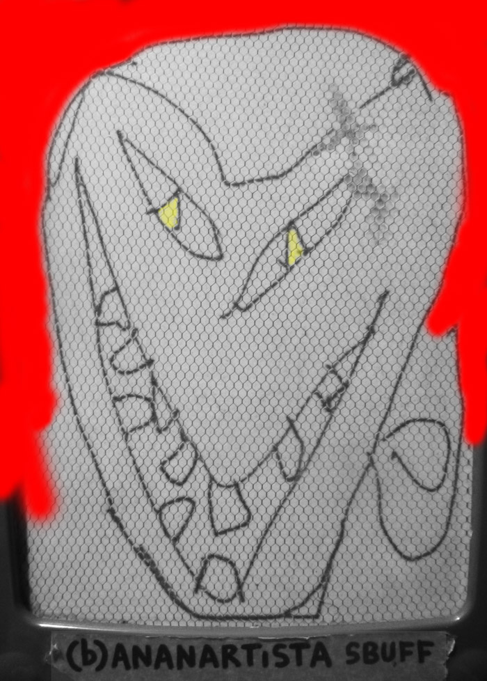 REPTILIAN HUMANOID mixed media painting collage by (b)ananartista sbuff © 2015 all rights reserved