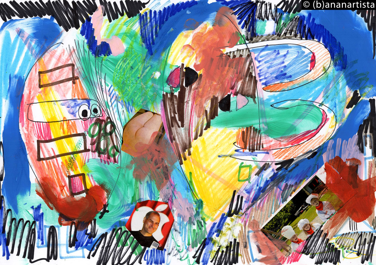 THE REAL APPLE OF STEVE JOBS mixed media painting collage by (b)ananartista sbuff © 2015 all rights reserved