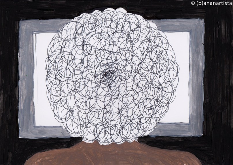 WOMAN WATCHING THE COMPUTER SCREEN portrait painting by (b)ananartista sbuff © 2016 all rights reserved