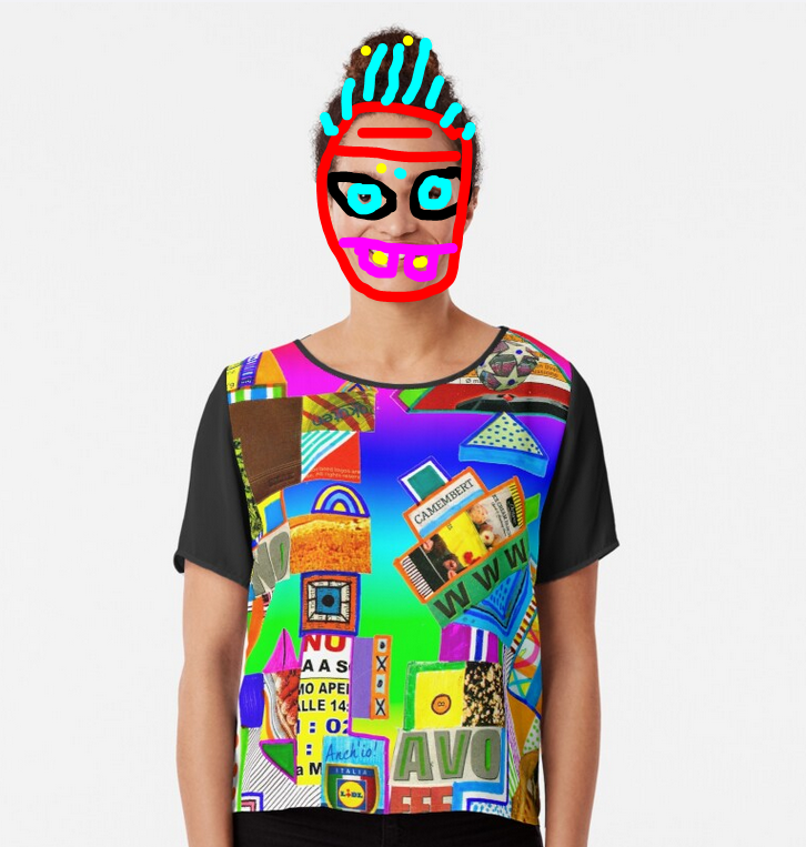 redbubble (b)ananartista contro onono avoffe abstract collage chiffon top shop maglietta
